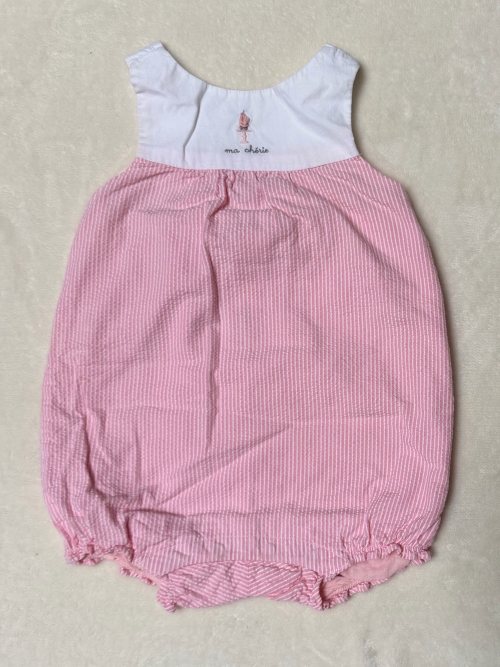 Janie and Jack Layette 6-12M Pink Seersucker Bubble Romper White Yoke Cupcake